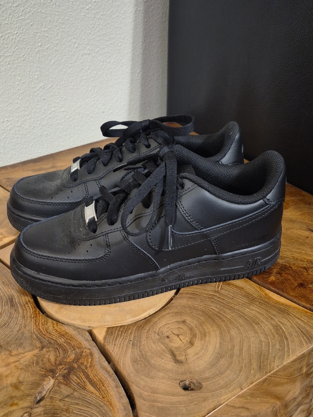 Kids's Black Leather Air Force Ones Low-Top Sneakers